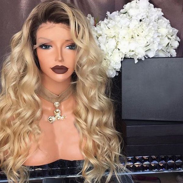 

synthetic lace front wigs ombre blond long curly wavy hair with natural hairline lace front women wig part heat resistant, Black