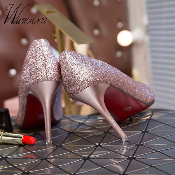 

luxury red bottom high heels 6cm 9cm party sequins silver glitter gold heels dress pointed stiletto pumps shoes women new, Black