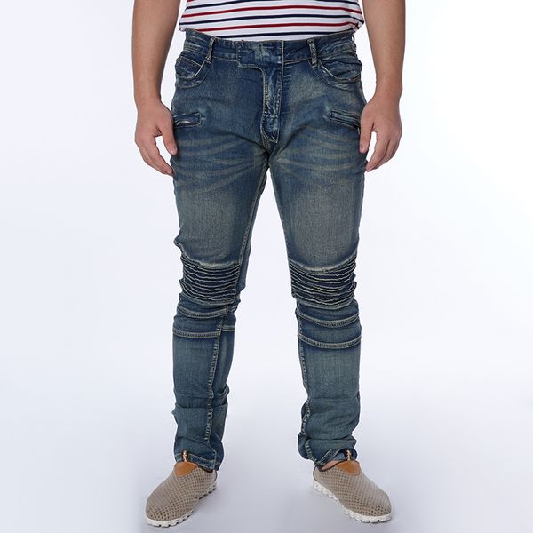 

plus size new men brand clothing solid biker jeans for men casual skinny ripped jeans male denim pencil pants, Blue