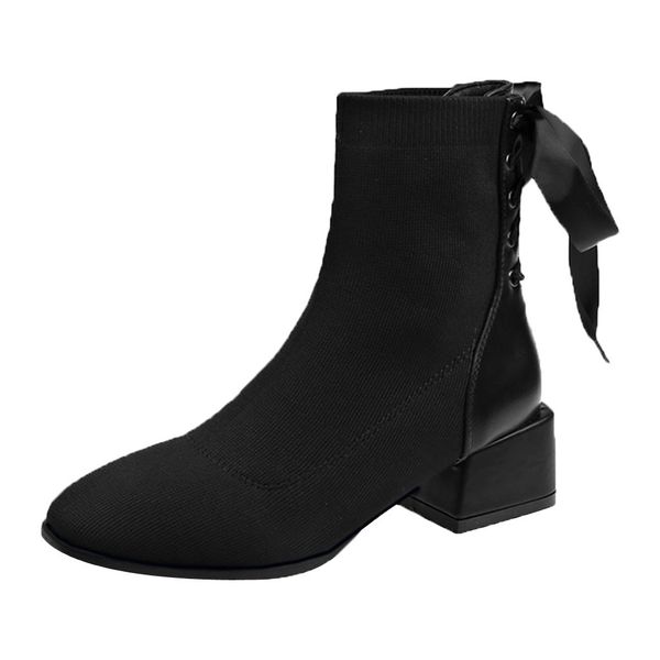 

jaycosin fashion winter women boots thick heel ankle boots knit elastic socks short strap casual elegant party shoes, Black