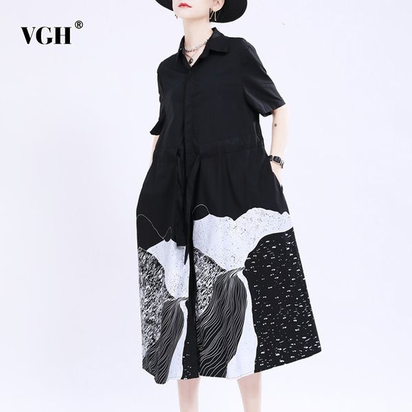

vgh casual loose summer dress women lapel collar half sleeve high waist lace up bow midi print hit color dresses female fashion, White;black