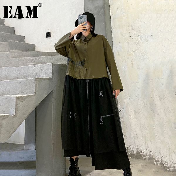 

eam] женщины army green mesh стежка большой размер блуза новые нагрудные длинным рукавом сыпучие fit рубашка мода tide весна осень 2020 1r4, White