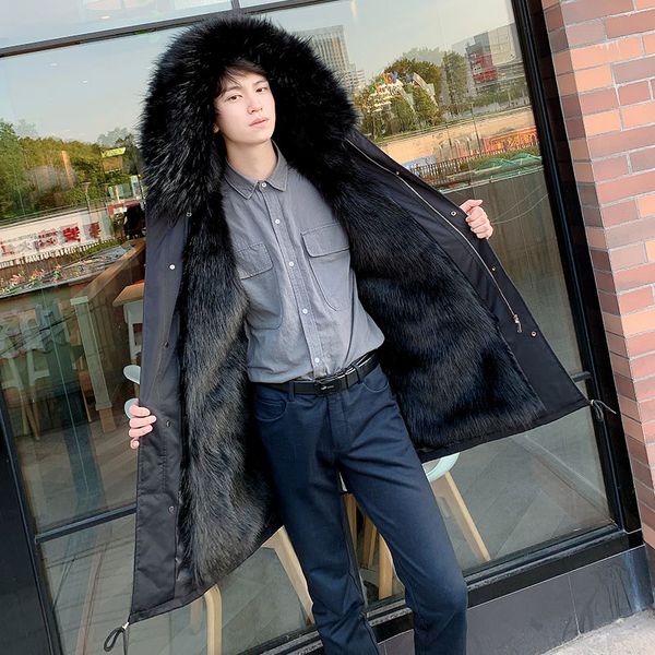 

men's parkas for autumn winter solid color medium-long fur overcoat large size loose long sleeve outwear wool liner snow coat, Black