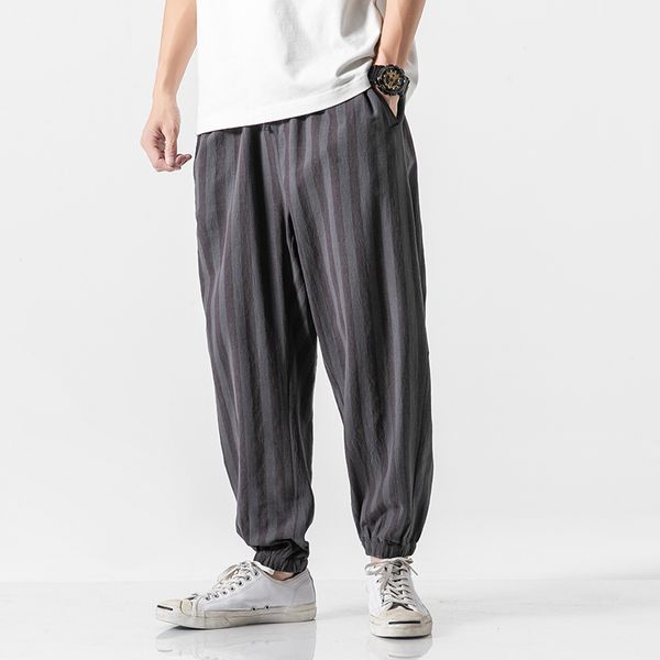 

men's pants 2021 harem men korean style casual loose cotton linen striped sweatpants jogger streetwear trousers, Black