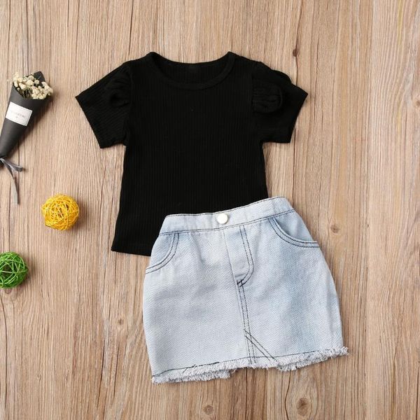 

clothing sets fashion baby girl 2pcs suit short puff sleeve t shirt +ruffle cowboy high waist warp skirts summer clothes, White