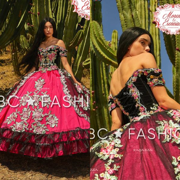 

ruffled floral charro quinceanera dresses 2020 off shoulder puffy skirt lace embroidery princess sweety 16 girls masquerade prom dress, Blue;red