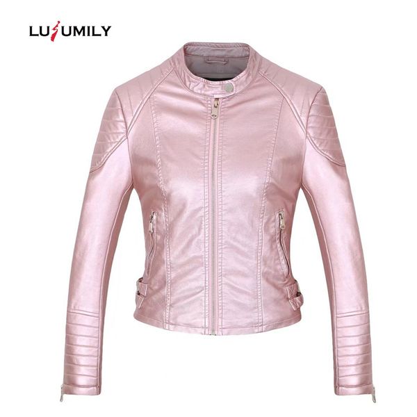 

lusumily moto biker jacket women turn down collar zipper soft pu faux leather jacket new arrivals punk short jackets ladies coat, Black