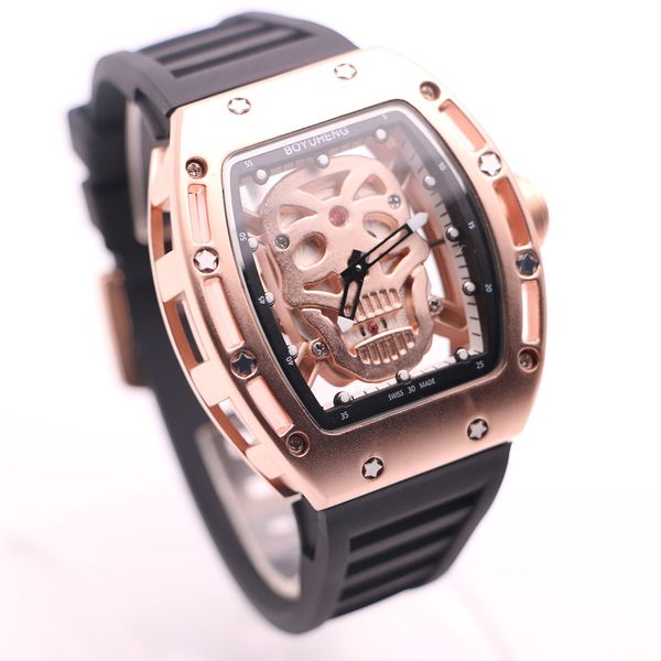 

gold outer rim promotional style boyuheng brand 43mm watches skull head dial hollow out mens watch transparent wristwatches, Slivery;brown