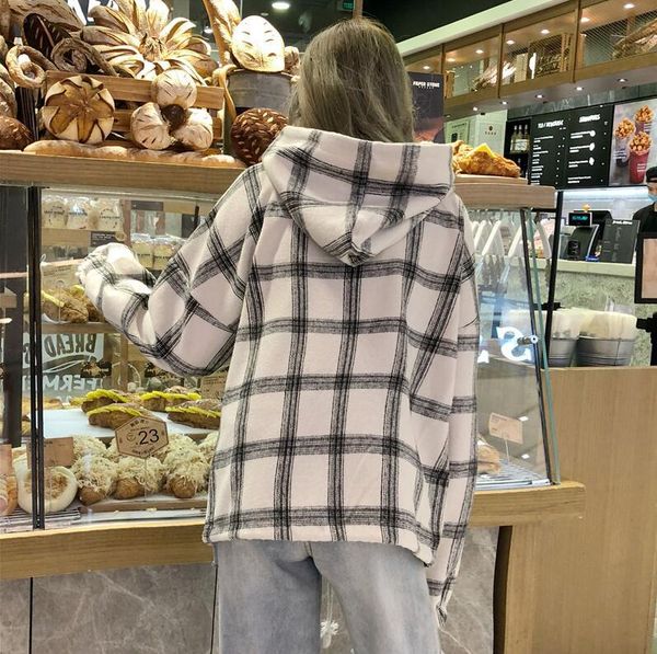 

wool hoodie autumn and winter new style women's dress loose-fit hooded plaid pocket pullover long-sleeved upper gar, Black