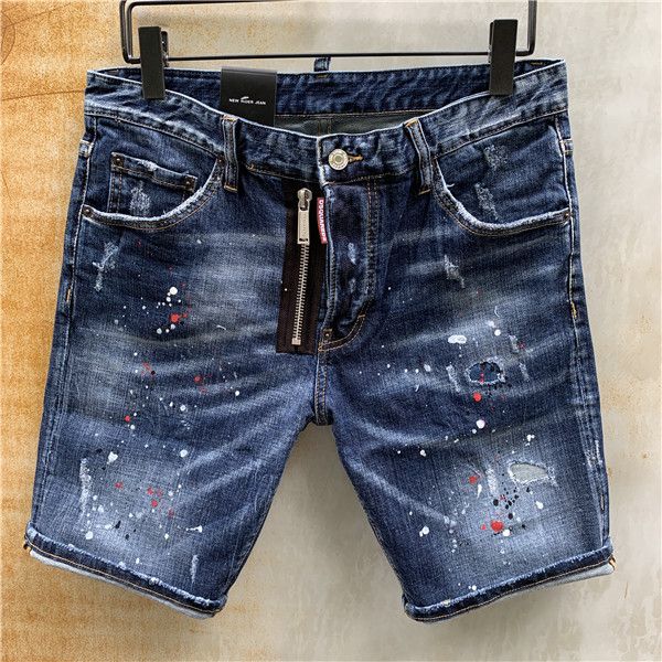 

luxury fashion jean summer style mens motorcycle splash-ink short man holes denim shorts pants holes cotton short mens slim shorts, Blue