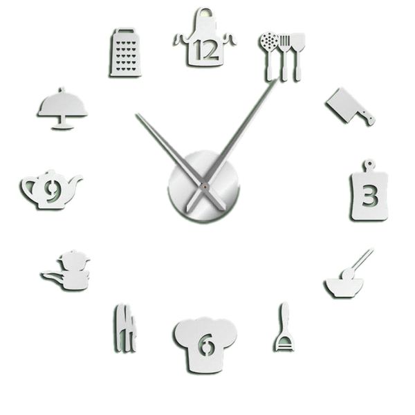 

kitchen cooking tools diy giant wall clock utensils frameless large wall watch modern dining room art decor gift silver
