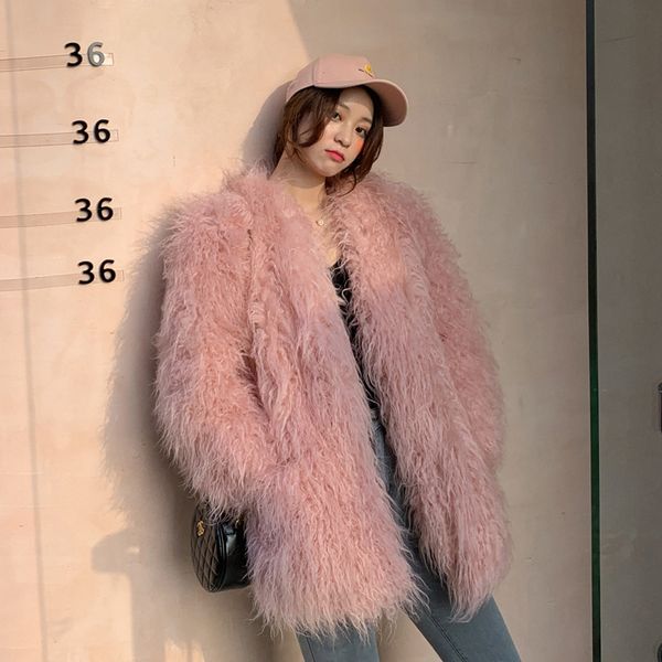 

white fluffy long overcoat women thick warm winter street fashion outerwear classic vintage pink furry faux fur jacket coat, Black
