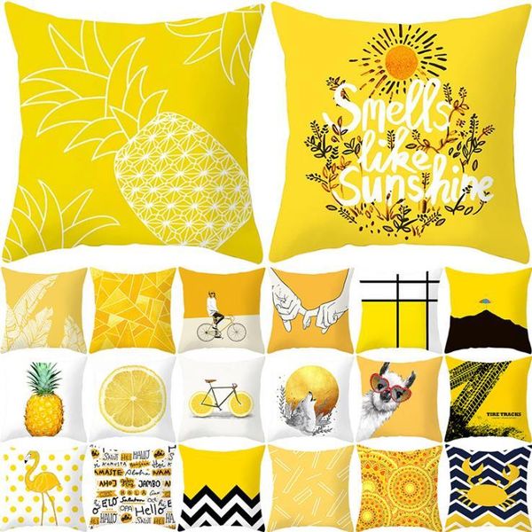 

new design pillow cushion cover printing pineapple leaf letter yellow fabric lumbar pillowcase car home decorative 45*45cm