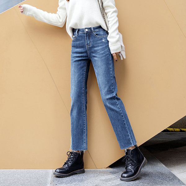 

nonis 2019 fall ankle legth women all match slim straight loose jeans denim pants blue for lady high waist micro stretch calssic