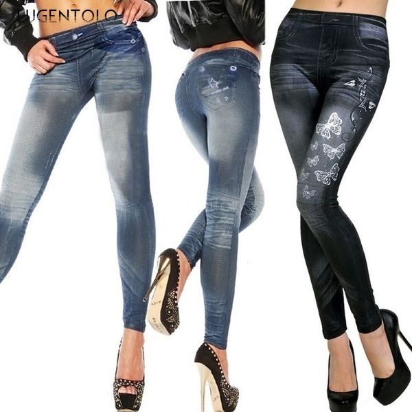 

lugentolo women's jeans soft denim seamless cotton imitation denim slim fashion bow jeans, Blue
