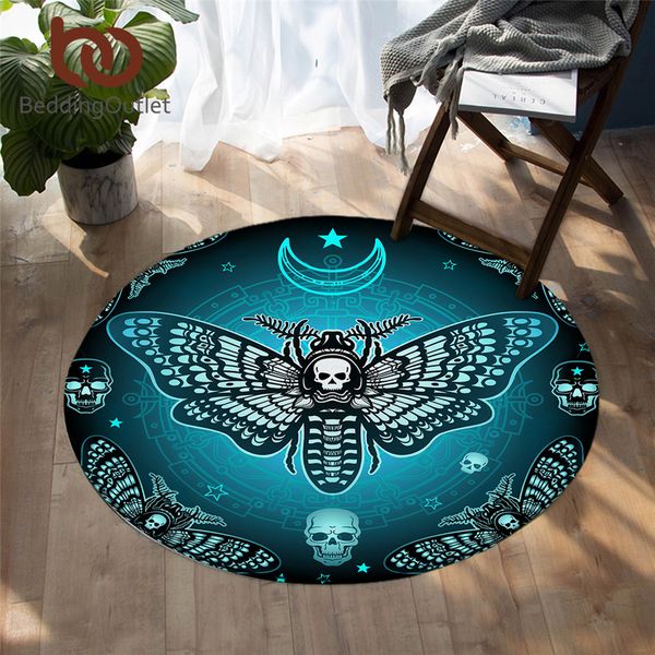Beddingoutlet Death Moth Floor Mat Gothic Skull Round Carpet For Bedroom Butterfly Non Slip Area Rugs Blue Stars Alfombra 150cm Car Pet Residential