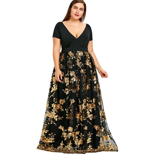 

wipalo 5xl plus size dress women sequined floral sparkly maxi dresses elegant formal party dress evening vestidos robe femme red, Black;gray