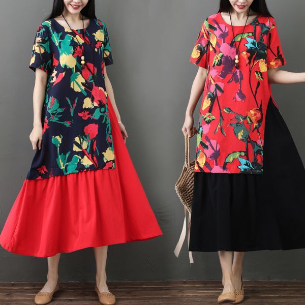 

2019 cotton nation wind easy short sleeve split joint printing false two paper even clothes longuette, White;black