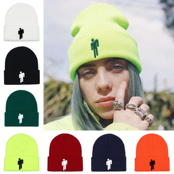 

women embroidery bonnet billie eilish merch c logo beanie knit hat stretchy cap solid hip-hop casual cuffed beanies