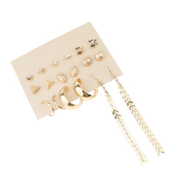 

9 pairs rhinestone bowknot c-shaped loop ring tassel dangle earrings set, Golden