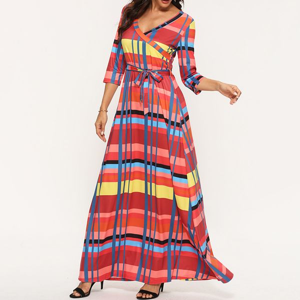 

women casual maxi dress plaid printed deep v-neck half sleeve tied waist slim holiday boho long dresses spring autumn vestidos, Black;gray