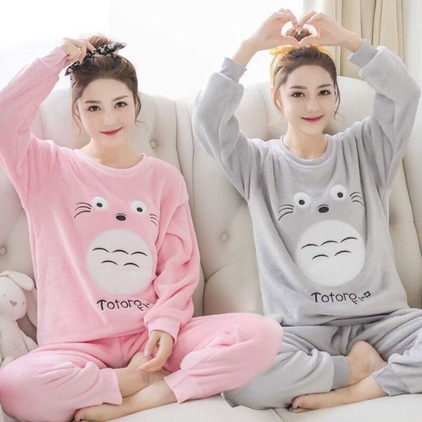 

coral velvet pajamas women 2018 autumn and winter new long-sleeved hood plus velvet thickening cute flannel home service totoro, Blue;gray