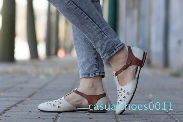 

2019 spring new hollow out women shoes pointed toe flat shoes leather casual female fashion woman plus size 43, Black