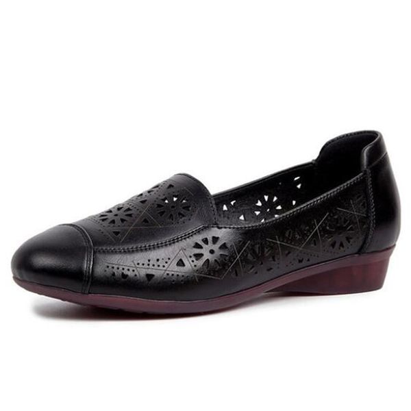 

2020 new summer cool hollow shoes comfortable genuine leather shoes soft bottom low-heel women casual large size 42, Black