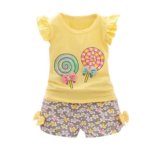 

2pcs summer girl toddler kids baby girls outfits lolly t-shirt +short pants clothes girls sets clothing dropshipping, White