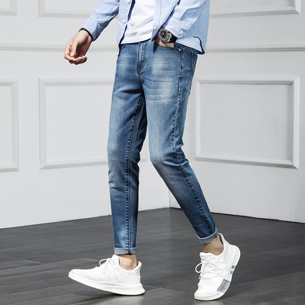 

2019 spring and summer new korean version of the trend of fashion personality casual wild light blue slim feet nine points
