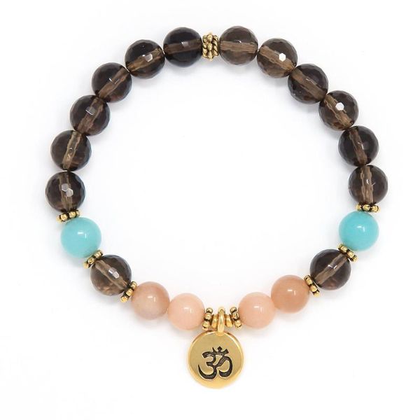 

wholesale grade sunstone moonstone bracelet natural faced smoky quarz ohm charm bracelet women`s heart chakra mala, Black
