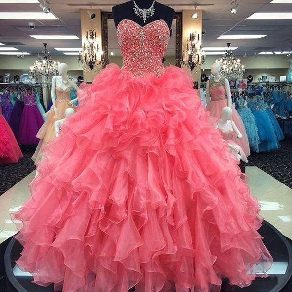 

coral quinceanera dresses 2019 modest beads crystals masquerade ball gown prom dress sweet 16 girls birthday party lace up ruffles, Blue;red