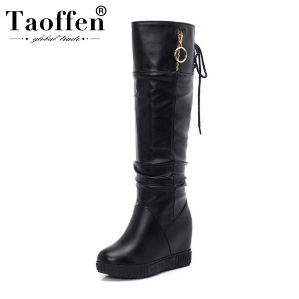 

taoffen women platform wedges knee high boots round toe thick sole fashion simple long boots shoes women footwear size 33-43, Black