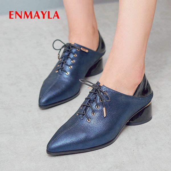 

enmayla 2019 basic high heels party pointed toe genuine leather lace-up ladies shoes square heel bling womens shoes size 34-42, Black