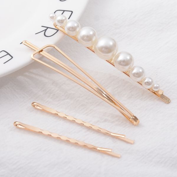 

2019 fashion simple geometric pearl 3 piece women's hair clips hair accessories party gifts, Golden;silver