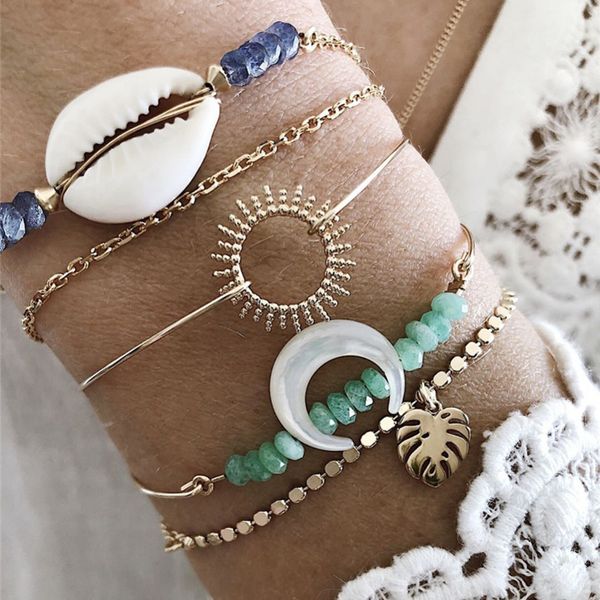 

5pcs/set boho gold bracelets & bangles for women trendy multilayer crystal beads shell leaves bracelets fashion jewelry 2019 new, Black