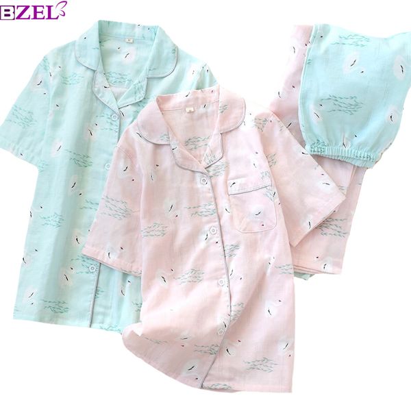 

2019 spring new ladies sleepwear 100% gauze cotton swan printed pajamas set short sleeve+long pants 2piece set comfort homewear, Blue;gray