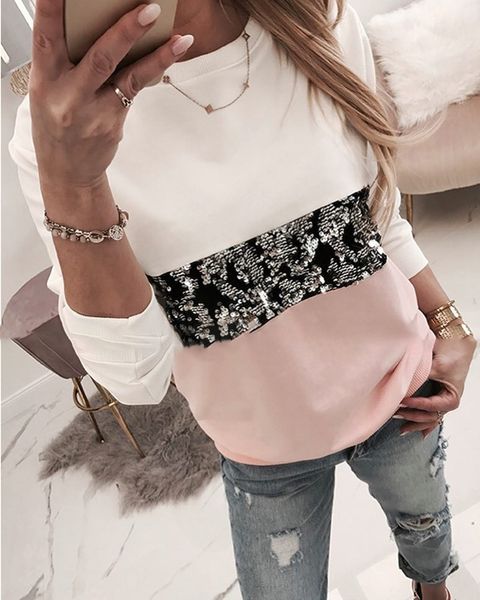 

round neck colorblock insert sequins long sleeve sweatshirt women autumn casual sweatshirt, Black
