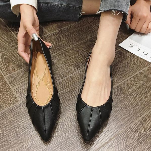 

2020 retro style women ballet flats spring autumn pointed toe slip on females women office ladies work party single shoes black