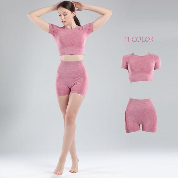 

seamless 2 piece women yoga set gym clothing fitness shorts+cropped shirts sport suit shorts sleeve tracksuit active wear, White;red