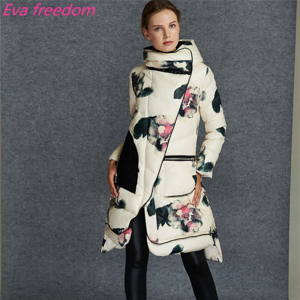 

european fashion printing winter jacket women coat 2019 irregular stitching hooded down girls long section thicker winter coat, Black