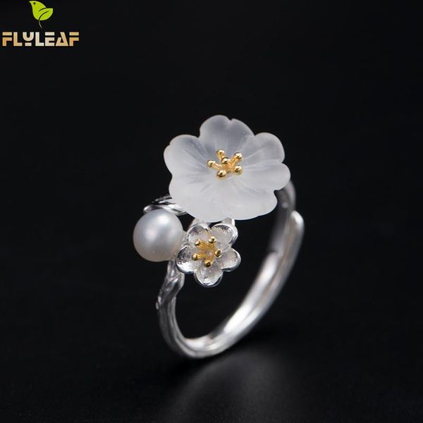 

flyleaf natural freshwater pearl crystal flower real 925 sterling silver rings for women fine jewelry ring vintage, Golden;silver