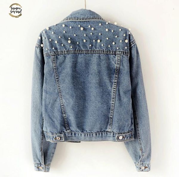 

spring 2019 women light blue pearl beading slim denim jackets korean fashion streetwear pearl jeans coat spring outfit, Black;brown