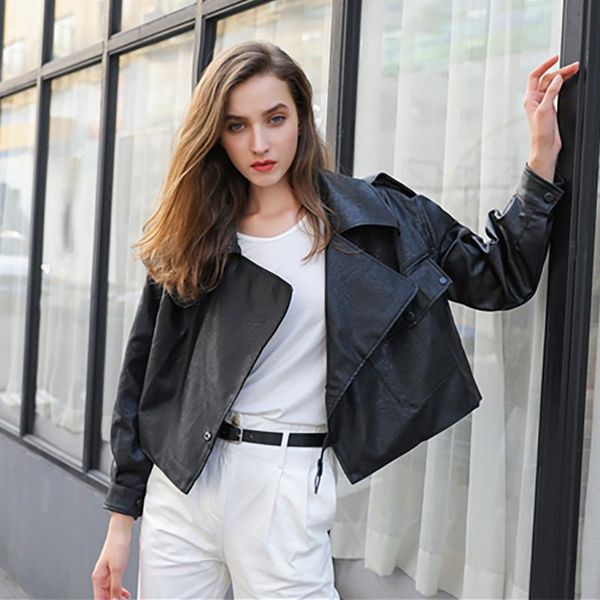 

women's leather & faux fashion winter jacket streetwear lapel motorcycle women zipper biker coat outwear chaqueta cuero mujer, Black