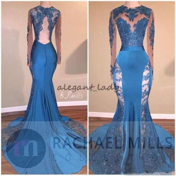 Único Hunter Jade Lace Prom Dresses 2019 Keyhole Neck sereia mangas compridas ver através de vestidos de noite formais Backless vestido de festa