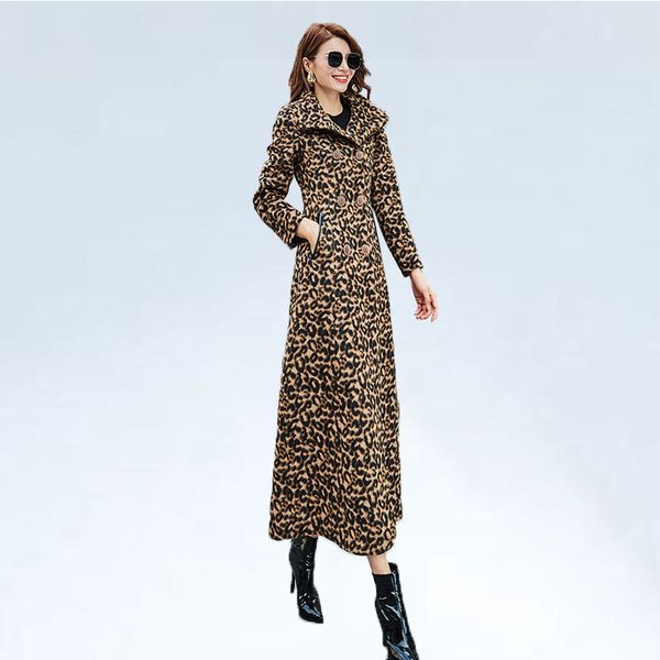 

luxury leopard maxi women wool coat stand collar/big lapel new autumn woolen jacket outwear double breasted women winter coat, Black