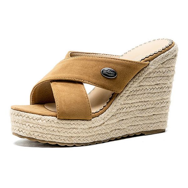 

women's slippers summer straw weaving wedges high heel lady beach casual shoes platform home outdoor big size slipper slides, Black