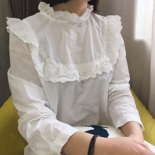 

royal vintage ruffles patchwork solid white cotton shirt blouse lolita