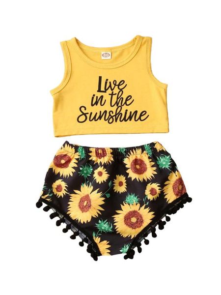 

cute baby girls 3m-18m letter print vest crop +sunflower ruffles shorts outfit set, White