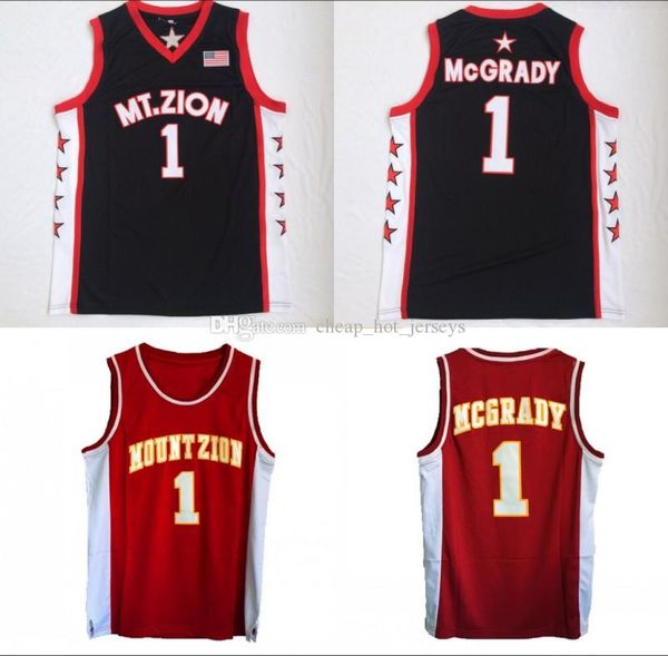 

mens tracy #1 mcgrady t-mac mount zion christian high school basketball jersey mt.zion black red stitched basketball shirts